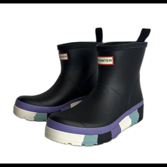 Hunter Black Boots with Purple and Teal Accents - Picture 1 of 9